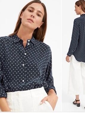 Chaps Women’s Navy and White Polka Dot Button-Down Shirt